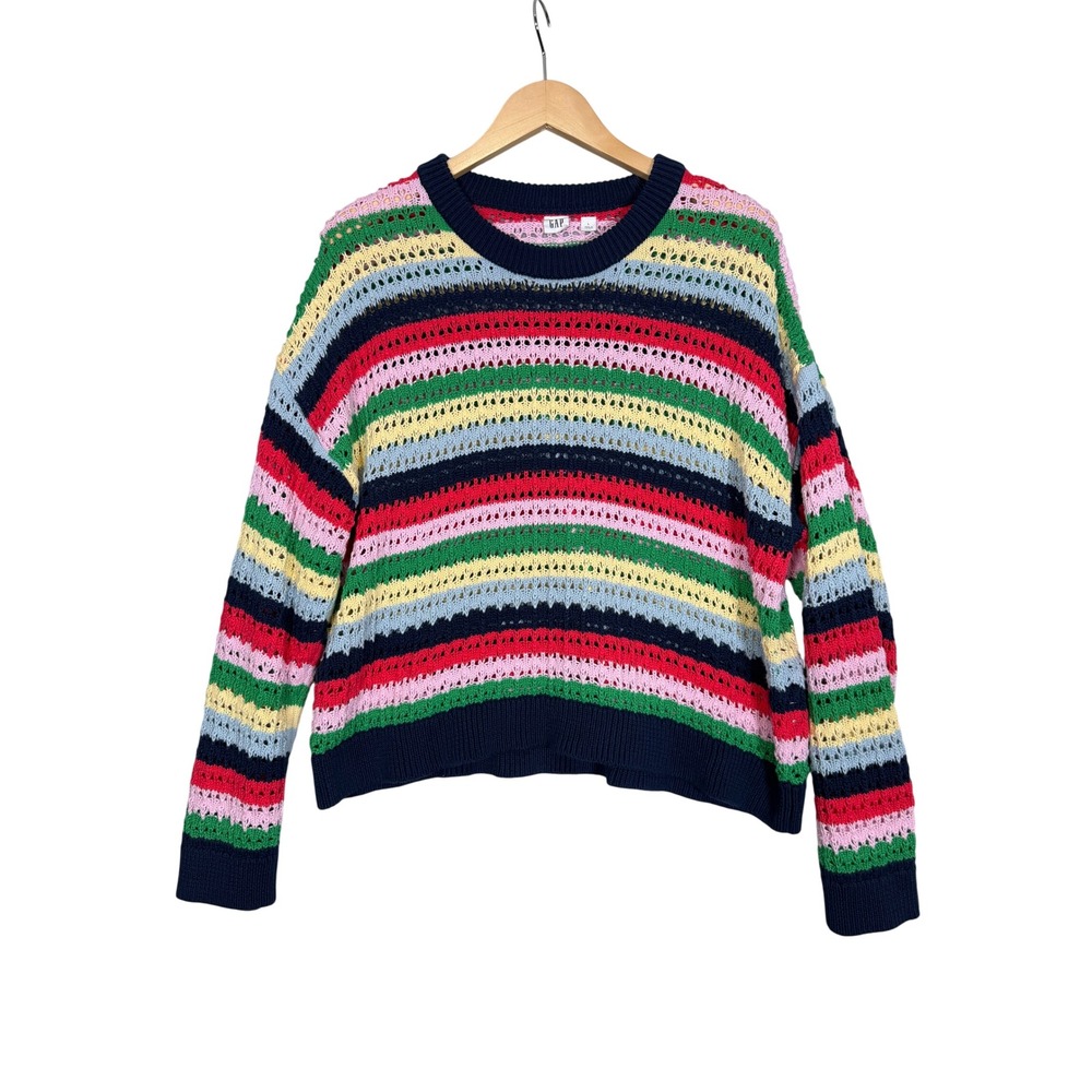GAP Crochet Knit Striped Sweater Womens Large Multicolor Oversized Coastal
